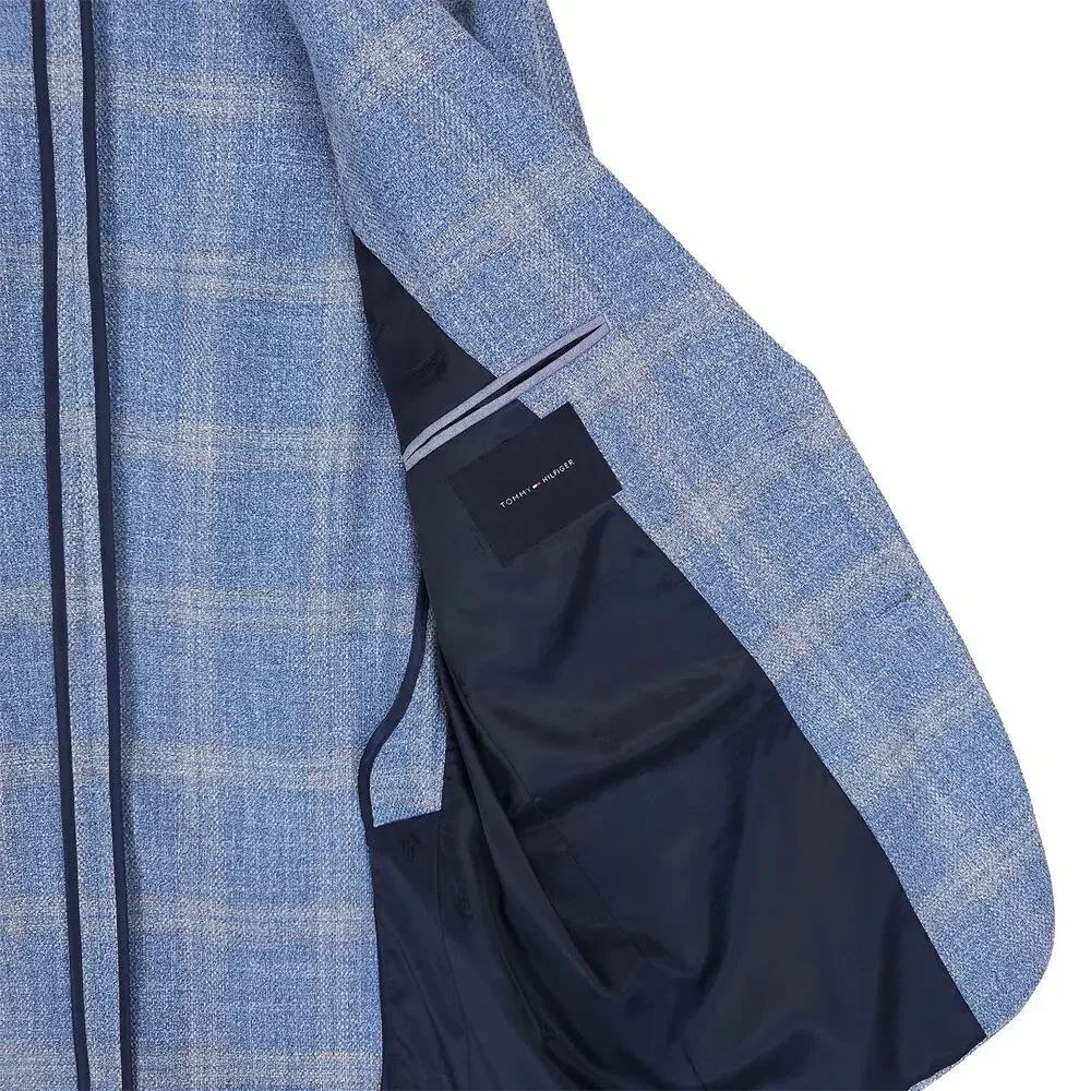 Tommy Hilfiger Mens Modern Fit Sport Coat 48R Light Blue Plaid Basketweave NWT